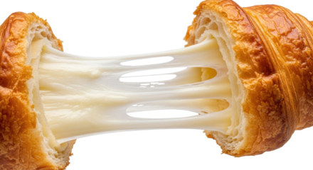 Melted cheese croissant stretching transparent background cutout png