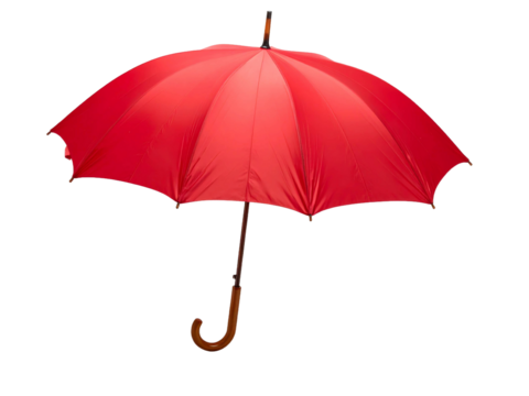 Bright red umbrella wooden handle isolated, classic design protects from rain, vibrant color, curved grip, open canopy, stylish and functional accessory.