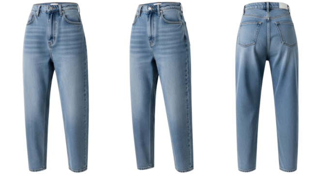 Three pairs of light blue denim jeans front view side view and back view transparent background cutout png
