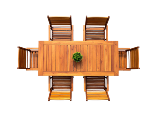 Wooden outdoor dining table set arranged neatly with six chairs and a small green plant centerpiece on a white background.