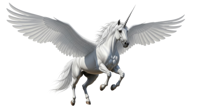 Majestic white pegasus with wings spread transparent background cutout png