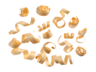 Light wooden shavings on white background, showing delicate curled wood texture, suitable for carpentry, crafts, woodworking, and design themes.