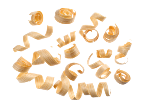 Light wooden shavings on white background, showing delicate curled wood texture, suitable for carpentry, crafts, woodworking, and design themes.