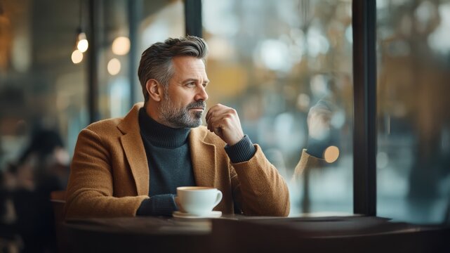 Thoughtful mature man with distinguished grey beard enjoys relaxing coffee break at modern cafe window, reflecting on business ideas and career goals.