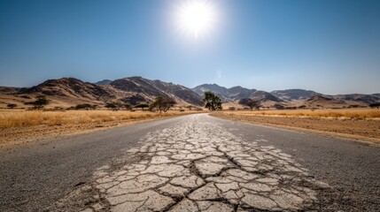 Cracked road in desert landscape with mountain backdrop