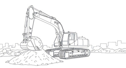 Excavator at construction site digging earth outline illustration