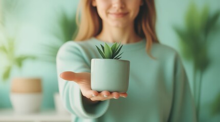 Young 30s woman holding a fresh green succulent plant in a mint pot, offering natural home decor that inspires growth, positive well-being, and eco-friendly minimalist living.