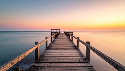 Fototapeta premium Wooden Pier Extending Into Calm Ocean During Golden Hour Sunset With Distant Structure and Clear Horizon