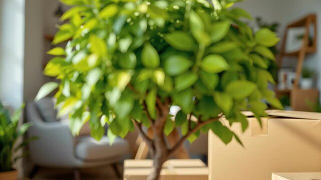 Potted tree indoor plant moving boxes living room cardboard boxes houseplant relocation packing home interior sunlight small ficus tree modern decor