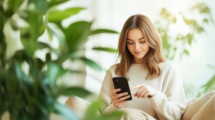Blonde woman in white sweater using smartphone while sitting on cozy home chair with lush green plants and soft daylight reflecting contemporary eco lifestyle and connectivity