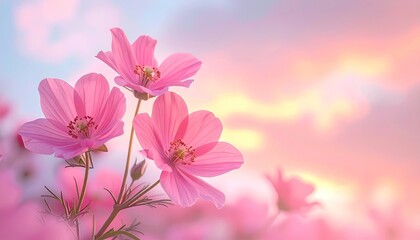 Obraz premium Delicate Pink Cosmos Flowers Bloom Against a Soft Pastel Sunset Sky with Golden Light Highlights