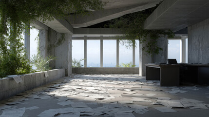 Abandoned Office Tower with Decayed Interior and Scattered Papers in a Sunlit Urban Setting