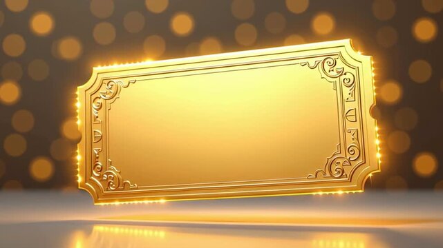 Golden ornate ticket floating above reflective surface with bokeh lights, glowing stage with reflective floor and ornate frame creating warm festive