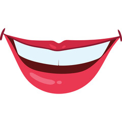 Close up on a cartoon open mouth smiling widely showing white teeth and pink lips with a transparent background