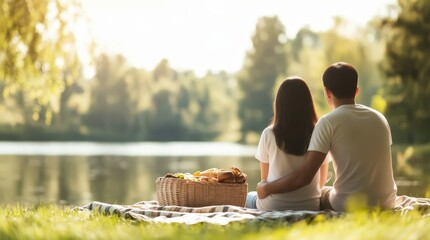 Young asian couple sitting side by side on picnic blanket by tranquil lake sharing breakfast with bread basket in morning light surrounded by trees expressing romance and togetherness concept