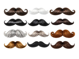 Curly mustache collection various styles, perfect for barbershop decor, grooming ads, or men’s fashion themes. Includes black, brown, blonde, grey.