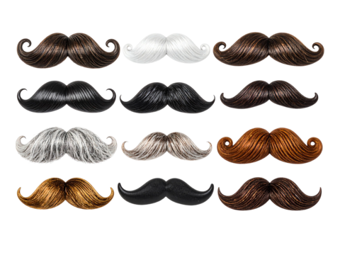 Curly mustache collection various styles, perfect for barbershop decor, grooming ads, or men’s fashion themes. Includes black, brown, blonde, grey.