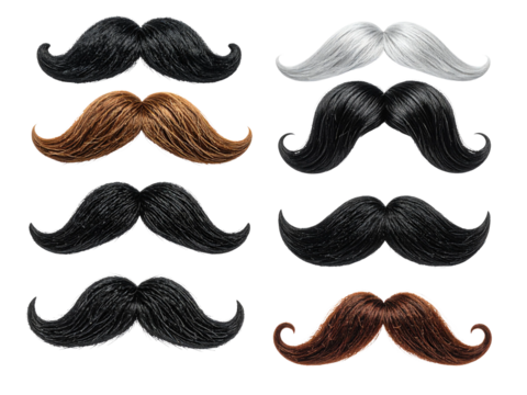 Classic mustache styles collection set features twelve various colors, shapes, and textures, ideal for costume, barbershop, grooming, or novelty design projects.