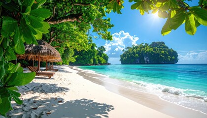 Tropical Paradise Beach Scene With Lush Green Foliage White Sand Turquoise Water And Small Island Under Bright Sunlight