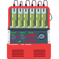 Industrial machine with multiple yellow cylinders and red base with control panel and gauge on a transparent background
