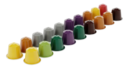 Collection of coffee pods in various colors transparent background cutout png