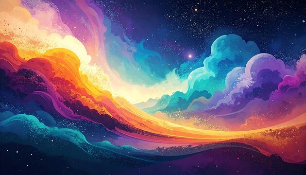 An abstract, vibrant landscape of swirling clouds in rich colors, from warm golds to cool blues and purples, under a starry sky