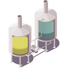 Isometric Brewery Factory With Two Metal Tanks One With Yellow Liquid And Other With Blue Liquid Connected By Pipe And Pump On White Background Industrial Manufacturing Concept