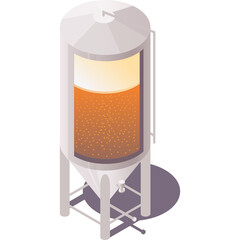 Isometric Brewery Fermentation Tank Filled With Golden Beer And Bubbles In A White Industrial Setting With A Shadow On A Transparent Background