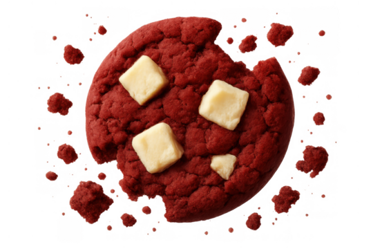 Red velvet cookie breaking apart with white chocolate chips and flying crumbs, sweet baked dessert on transparent background