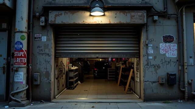 Abandoned garage shutter urban alley metal roll door rolled metal garage door industrial lamp with graffiti concrete pavement dim evening light