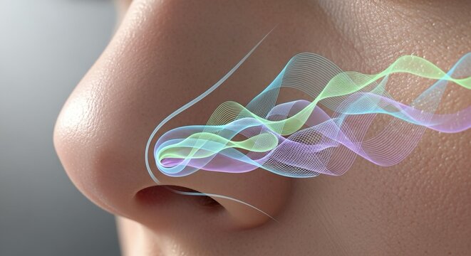 Captivating close-up shows a human nose with vibrant, abstract colorful waves representing scent molecules entering, a stunning visual metaphor for sensory perception and the power of smell.