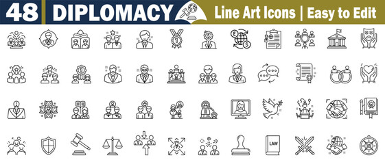 Obraz premium Diplomacy Icons Set Vector Collection, Business, Negotiation Agreement, International Relations, Politics and Peace Thin Line Art Symbols Editable concept. 