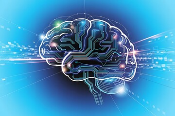 Digital brain with circuit board patterns and glowing light streaks on a blue background technology