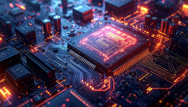 Close-up view of a complex circuit board with glowing components. Emphasizing digital technology, this image showcases intricate pathways and electrical connections