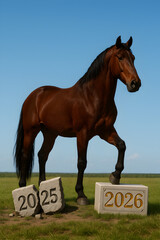 red horse breaks the 2025 stone and stands on the 2026 stone, meadow background painting with a New Year's feel
