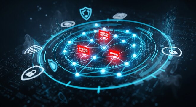 Dynamic digital network highlighting fraud detection and unusual activity alerts across secure systems with glowing nodes and data streams for cybersecurity concepts