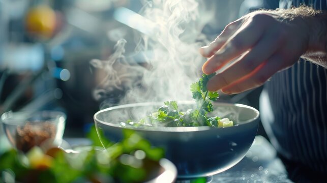 Chef prepares a delicious dish with fresh herbs in a busy kitche