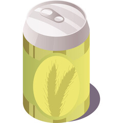 Isometric view of a light gold colored beverage can with a pale yellow label and a wheat graphic isolated on a white background in a studio setting