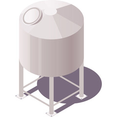 Isometric View Of A Tall White Industrial Water Tower With Support Legs And Shadow On Transparent Background