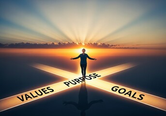 Embrace your path forward, aligning values, purpose, and goals with a radiant sunrise symbolizing new beginnings and personal fulfillment.