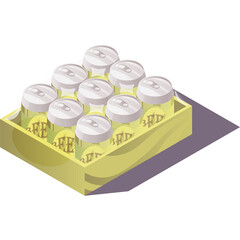 Isometric View Of A Wooden Crate Filled With Twelve Yellow Bottles Sealed With White Caps Featuring Subtle Embossed Patterns On A Clean Transparent Background