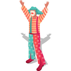 Joyful Clown With Colorful Outfit and Star Pattern Pants Gesturing With Raised Arms Against White Background
