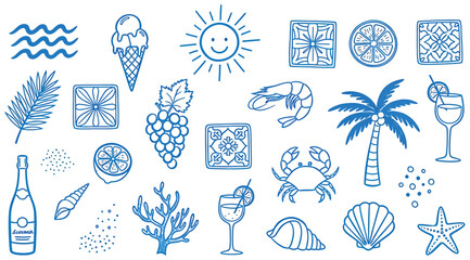 A charming summer doodle collection featuring beach elements, sea creatures, and tropical motifs, perfect for adding a playful touch to designs © Saharia