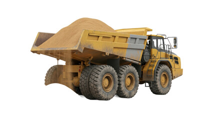 Heavy duty yellow dump truck carrying sand industrial construction equipment isolated