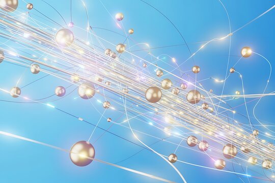 Abstract network of golden spheres connected by glowing lines and light streaks on a blue background