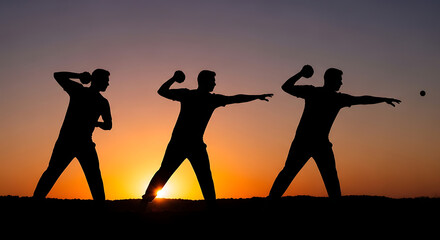 Fototapeta premium Silhouette of men throwing balls against a sunset backdrop in a dynamic sequence of motion shots