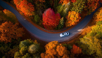 Winding Highway Through Dense Forest with Peak Fall Foliage Colors