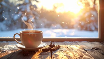 雪景色を眺めながら温かい飲み物と本で過ごす穏やかな冬の朝のひととき