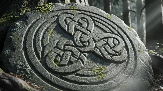Stone carving with intricate knotwork design in a forest setting