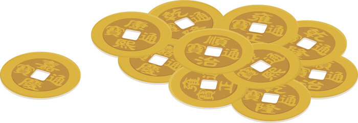 Isolated Five Emperors Coins Vector Set: Simple Line Art for Fengshui Wealth (Shunzhi, Kangxi, Yongzheng, Qianlong, Jiaqing)